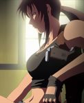  1girl black_lagoon gun highres long_hair ponytail purple_hair revy_(black_lagoon) sitting solo stitched tattoo weapon 