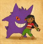 2017 3_toes 4_fingers 5_fingers 5_toes absurd_res ambiguous_gender barefoot black_hair brown_skin clothed clothing crossover digital_drawing_(artwork) digital_media_(artwork) disney duo female gengar grin hair hi_res holding_object holding_pok&eacute;ball human jesteppi lilo_and_stitch lilo_pelekai long_hair looking_at_viewer mammal midriff navel nintendo open_mouth open_smile pok&eacute;ball pok&eacute;mon pok&eacute;mon_(species) purple_body red_sclera signature simple_background small_tail smile textured_background toes video_games waist_grab young 