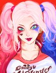  1girl artist_request blonde_hair breasts dc_comics harley_quinn lipstick makeup multicolored_hair shirt smile solo suicide_squad twintails 