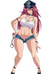  breasts capcom cuffs final_fight handcuffs hat large_breasts long_hair midriff navel pink_hair poison_(final_fight) short_shorts solo tank_top 