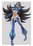  bare_shoulders black_hair dark_skin goggles grey_background hair_over_one_eye izumi_(pokemon) izumi_(pokemon)_(remake) lips lipstick long_hair m516 makeup midriff navel pants pokemon pokemon_oras 