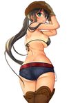  :o adjusting_clothes adjusting_hat arm_up armpits ass back bad_id bad_pixiv_id banned_artist black_bra black_hair blush bra breasts brown_gloves brown_legwear commentary covered_nipples cowboy_hat gloves green_eyes hat homura_(senran_kagura) large_breasts long_hair looking_at_viewer new_yukuyon ponytail senran_kagura short_shorts shorts sideboob solo tan tanline thighhighs underwear very_long_hair white_background 