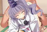  1boy 1girl all_fours ass blush clothed_female_nude_male clothed_sex doggystyle eyes_closed hat indoors long_hair mononobe_no_futo on_floor ponytail sex shefu solo_focus tatami touhou trembling 