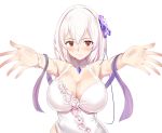  1girl alternate_costume azur_lane bangs bare_shoulders blush breasts choker cleavage collarbone dress eyebrows_visible_through_hair eyes_closed flower hair_between_eyes hair_flower hair_ornament halter_dress large_breasts looking_at_viewer purple_flower purple_ribbon red_eyes ribbon sapphire_(gemstone) schreibe_shura short_hair sidelocks simple_background sirius_(azur_lane) smile solo white_background white_dress white_hair 