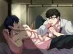  2boys abs ao_no_exorcist bara blush brothers fellatio incest licking male_focus multiple_boys muscle okumura_rin okumura_yukio oral pecs pointy_ears siblings source_request undressing yaoi 