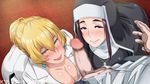  1boy 2girls blonde_hair breasts butcha-u censored ichijou_shizuka imminent_fellatio kneeling large_breasts multiple_girls naughty_face nijou_shizue nun penis pixiv_manga_sample smile 