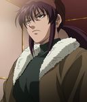  1girl angry black_lagoon hat highres long_hair ponytail purple_hair revy_(black_lagoon) solo standing stitched yellow_eyes 