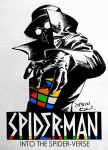  1boy copyright_name dated fedora goggles hat kotteri male_focus rubik&#039;s_cube solo spider-man:_into_the_spider-verse spider-man_(series) spider-man_noir spot_color traditional_media trench_coat 