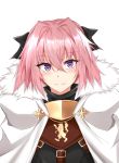  1boy absurdres astolfo_(fate) bangs black_bow blush bow cape eyebrows_visible_through_hair eyelashes fang_out fate/apocrypha fate_(series) fur_trim hair_between_eyes hair_bow hair_intakes highres looking_at_viewer male_focus multicolored_hair pink_hair piro_(iiiiiiiiii) purple_eyes short_hair simple_background smile solo streaked_hair trap upper_body white_background white_cape white_hair 