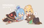  3girls :d ^_^ aqua_(konosuba) aqua_eyes aqua_hair black_hair blonde_hair brown_hair bruise cape chibi closed_eyes copyright_name darkness_(konosuba) english giving_up_the_ghost hair_bobbles hair_ornament hat injury kono_subarashii_sekai_ni_shukufuku_wo! long_hair lying megumin mishima_kurone multiple_girls official_art on_stomach open_mouth ponytail release_date satou_kazuma simple_background smile spoken_sweatdrop staff sweatdrop top-down_bottom-up witch_hat x_hair_ornament 