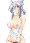  ahoge alumina areola_slip areolae bare_shoulders black_panties blue_eyes breasts cleavage covered_nipples large_breasts long_hair looking_at_viewer nipples no_bra no_pants original panties pointy_ears ponytail pubic_hair pubic_hair_peek see-through shirt_tug sidelocks silver_hair simple_background skindentation smile solo tank_top underwear white_background zin_(goraku_hiroba) 