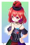  aozora_market breast_padding chain clothes_writing collar collarbone hand_on_hip hecatia_lapislazuli multicolored multicolored_clothes multicolored_skirt polos_crown red_eyes red_hair skirt solo sweatdrop touhou 