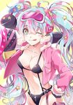 :p aqua_hair bad_id bad_pixiv_id breasts cleavage goggles goggles_on_head gun hatsune_miku jacket long_hair medium_breasts minori_(faddy) one_eye_closed revealing_clothes shooting_miku solo star star-shaped_pupils swimsuit symbol-shaped_pupils tongue tongue_out twintails vocaloid weapon 