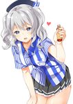  beret blue_eyes blush breasts byte_(allbyte) employee_uniform engrish hat highres kantai_collection kashima_(kantai_collection) lawson long_hair looking_at_viewer medium_breasts name_tag open_mouth ranguage shirt sidelocks silver_hair skirt smile solo striped tsurime twintails uniform wavy_hair 