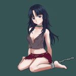  barefoot blue_eyes blue_hair breasts chain cleavage collar commentary_request cuffs full_body highres long_hair medium_breasts midriff navel nihs parinuri rags sad shackles simple_background sitting solo suisei_no_gargantia wariza 