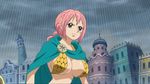  1girl bikini_armor breasts cape female gloves navel one_piece pink_hair rebecca_(one_piece) screencap sky solo stitched 