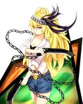  absurdres blonde_hair blue_eyes blue_shorts breasts chain cleavage dungeon_and_fighter earrings female_gunner_(dungeon_and_fighter) female_ranger_(dungeon_and_fighter) highres holding holding_weapon jewelry long_hair medium_breasts shorts skyneko solo weapon 
