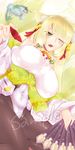  animal_ears blonde_hair bodysuit breasts fish fox_ears fox_tail green_eyes kyoukaisenjou_no_horizon large_breasts long_hair mei_(abliss) mogami_yoshiaki_(horizon) one_eye_closed pantyhose sample solo tail tokkuri very_long_hair 