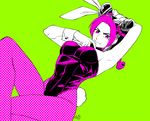  animal_ears arm_behind_head bad_id bad_pixiv_id black_hair braid breasts bunny_ears bunny_tail bunnysuit detached_collar double_bun fake_animal_ears green_background jojo_no_kimyou_na_bouken kuujou_jolyne limited_palette medium_breasts multicolored_hair nishiyama_(whatsoy) pantyhose pink_eyes pink_hair ponytail signature simple_background solo stone_ocean tail two-tone_hair unmoving_pattern wrist_cuffs 