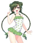  ;d bad_id bad_pixiv_id bangs bare_shoulders blush braid casual_one-piece_swimsuit collarbone contrapposto cowboy_shot double_bun frilled_swimsuit frills gan_(shanimuni) green green_eyes green_hair hinata_matsuri long_hair looking_at_viewer mahou_shoujo_madoka_magica mahou_shoujo_suzune_magica official_art one-piece_swimsuit one_eye_closed open_mouth outstretched_arm outstretched_hand polka_dot polka_dot_swimsuit simple_background smile solo standing swept_bangs swimsuit twin_braids twintails very_long_hair white_background 