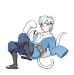  animal animal_ears bangs belt_pouch black_footwear blue_hair blue_pants blush boruto:_naruto_the_movie cat_ears cat_tail catboy closed_mouth forehead_protector full_body greetload japanese_clothes kemonomimi_mode looking_at_viewer male_focus mitsuki_(naruto) naruto naruto_(series) open_toe_shoes pale_skin pants pouch shoes simple_background sleeves_past_wrists smile snake solo tail yellow_eyes 