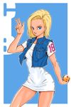  1girl android_18 artist_name blonde_hair breasts dragon_ball dragonball_z female large_breasts looking_at_viewer no_pants panties r3ydart salute short_hair simple_background solo 