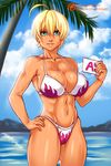  1girl ahoge arm artist_name bare_arms bare_legs bare_shoulders beach bikini blonde_hair breasts cleavage cloud collarbone dark_skin female fire_print green_eyes hair_between_eyes hand_on_hip highres holding large_breasts legs looking_at_viewer midriff mito_ikumi navel neck palm_tree paper parted_lips patreon r3ydart shiny_skin shokugeki_no_souma short_hair sky smile solo standing swimsuit tree underboob water wet 