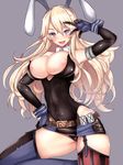  animal_ears areola_slip areolae bare_shoulders belt belt_buckle black_panties blonde_hair blue_eyes breasts buckle bunny_ears covered_navel elbow_gloves fang fingerless_gloves garter_straps gloves hand_on_hip highres iowa_(kantai_collection) kantai_collection large_breasts leotard long_hair mismatched_legwear open_mouth panties smile solo star star-shaped_pupils symbol-shaped_pupils thighhighs underwear untsue 