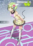  android arm_behind_back character_name choker circuit_board closed_mouth copyright_name dimension_w full_body green_eyes green_hair hand_on_own_arm kyuutou_(kyuutouryuu) leaning_forward looking_at_viewer multicolored_hair pleated_skirt robot_ears shadow short_hair skirt smile solo standing streaked_hair tail thighhighs two-tone_hair yellow_skirt yurizaki_mira zettai_ryouiki 