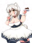  animal_ears apron bare_shoulders breasts cake cleavage collarbone commentary_request double_chin dress eating fat food fork fork_in_mouth hitotsubashi_inari inubashiri_momiji large_breasts looking_at_viewer maid maid_apron maid_headdress open_mouth plate plump red_eyes short_hair silver_hair smile solo tail thighhighs touhou wolf_ears wolf_tail wrist_cuffs 
