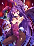  absurdly_long_hair alcohol animal_ears armpits blazblue bottle bow bowtie breasts bunny_ears bunny_tail bunnysuit detached_collar detached_sleeves highres long_hair mikado_(blazblue) pantyhose pole pole_dancing ponytail purple_hair red_eyes slit_pupils small_breasts solo stripper_pole tail toraishi_666 tray very_long_hair wine 