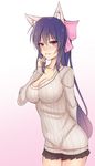  animal_ear_fluff animal_ears bluefield breasts cat_ears cleavage grin large_breasts long_hair looking_at_viewer noihara_himari omamori_himari pleated_skirt purple_eyes purple_hair skirt smile solo sweater 