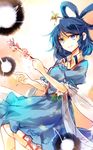  blue_dress blue_eyes blue_hair cherry_blossoms danmaku dress hair_ornament hair_rings hair_stick kaku_seiga kutsuki_kai puffy_short_sleeves puffy_sleeves shawl short_sleeves smile solo touhou twig 