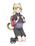  :d animal_ears backpack bag bangs black_footwear black_shorts blonde_hair blue_eyes blush_stickers boruto:_naruto_the_movie cat_ears cat_tail catboy crop_top fishnet_legwear fishnets forehead_protector full_body greetload high_collar holding_strap kemonomimi_mode kneehighs long_hair long_sleeves looking_at_viewer low_ponytail male_focus naruto naruto_(series) open_mouth open_toe_shoes otoko_no_ko randoseru shoes short_over_long_sleeves short_sleeves shorts simple_background smile solo tail yamanaka_inojin 