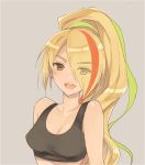  1girl azuki_(aduki) bare_shoulders blonde_hair collarbone crop_top eyebrows_visible_through_hair eyes_visible_through_hair hair_between_eyes hair_over_one_eye head_tilt long_hair looking_at_viewer multicolored_hair nikaidou_saki open_mouth ponytail simple_background sleeveless smile solo streaked_hair tank_top zombie_land_saga 