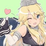  ;d bangs bare_shoulders blonde_hair blue_eyes blush breasts cleavage elbow_gloves gloves green_background hair_between_eyes iowa_(kantai_collection) kantai_collection large_breasts long_hair mokyutan one_eye_closed open_mouth outline simple_background smile solo star thumbs_up tsurime 