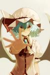  ascot ashisaki bat_wings blue_hair blurry hat hat_ribbon highres mob_cap open_hand outstretched_arm puffy_sleeves red_eyes remilia_scarlet ribbon shirt short_hair short_sleeves slit_pupils smile solo touhou upper_body wings 