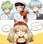  3boys ;) ascot bad_id bad_tumblr_id bare_shoulders brown_hair collarbone comic commentary english formal green_hair hair_ribbon hairband haruka_(pokemon) hat looking_at_viewer mitsuru_(pokemon) multiple_boys one_eye_closed pokemon pokemon_(game) pokemon_oras ribbon scratching_head short_hair silver_hair smile suit tsuwabuki_daigo vest wancharm yuuki_(pokemon) 