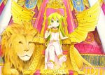  anklet banner barefoot bracelet crossed_legs crown dress error full_body green_eyes green_hair hand_on_own_cheek jewelry lion looking_at_viewer necklace nipeira original pillar sitting solo throne white_dress wings wrong_feet 