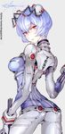  2016 adapted_costume arched_back artist_name ass ayanami_rei back blue_bodysuit blue_hair bodysuit breasts closed_mouth clothes_writing cowboy_shot eyebrows eyebrows_visible_through_hair fishine gloves grey_background hair_ornament headgear looking_at_viewer looking_back medium_breasts neon_genesis_evangelion pilot_suit plugsuit red_eyes short_hair signature simple_background solo strap_gap test_plugsuit watermark web_address white_bodysuit wrist_cuffs 