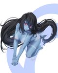  adventure_time artist_name bikini_tan black_hair blue_skin breasts flying hair_between_eyes large_breasts long_hair looking_at_viewer marceline_abadeer nipples nude red_eyes smile solo stormcow tan tanline vampire very_long_hair 