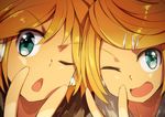  1girl ;&lt; ;o aqua_eyes blonde_hair brother_and_sister chestnut_mouth close-up face hair_ornament hairclip kagamine_len kagamine_rin one_eye_closed open_mouth short_hair siblings sketch tomato_(lsj44867) twins v vocaloid 