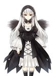  &gt;:( black_dress black_wings commentary_request dress frills frown gothic_lolita hairband lolita_fashion lolita_hairband long_hair looking_at_viewer red_eyes rozen_maiden silver_hair solo suigintou tousen v-shaped_eyebrows white_background wings 