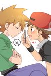  2boys blush child eyes_closed hat heart male_focus multiple_boys nekonekopunyann ookido_green pants pokemon satoshi_(pokemon) simple_background sitting sleeping t-shirt talking white_background yaoi 