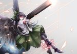  arm_cannon bad_id bad_pixiv_id black_hair black_legwear blouse cape galaxy grin hair_ribbon light_particles long_hair puffy_short_sleeves puffy_sleeves reiuji_utsuho ribbon shoes short_sleeves skirt smile solo someya_mai star_(sky) third_eye touhou weapon wings yellow_eyes 