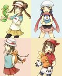  :d ^_^ animal animal_on_shoulder arm_behind_back bandana bangs beanie bike_shorts black_hair black_legwear blue_(pokemon) blue_eyes blush charmander closed_eyes cowboy_shot double_bun eyebrows eyebrows_visible_through_hair eyelashes fire gen_1_pokemon gen_3_pokemon gen_4_pokemon gen_5_pokemon gloves hair_ornament haruka_(pokemon) hat highres hikari_(pokemon) kneehighs light_smile long_hair mei_(pokemon) multiple_girls open_mouth outstretched_arms pantyhose papiria pink_skirt piplup pokemon pokemon_(creature) pokemon_(game) pokemon_bw2 pokemon_dppt pokemon_frlg pokemon_rse porkpie_hat raglan_sleeves red_skirt scarf short_sleeves simple_background skirt sleeveless smile snivy torchic twintails visor_cap 