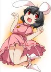  :3 :d animal_ears black_hair blush bunny_ears carrot_necklace commentary dress full_body fun_bo inaba_tewi jumping legs looking_at_viewer open_mouth paw_pose red_eyes short_hair smile socks solo touhou 