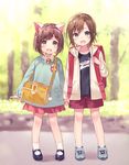  :d animal_ears backpack bag blush brown_hair cat_ears fang fukahire_(ruinon) green_eyes highres holding_hands hood hoodie idolmaster idolmaster_cinderella_girls kindergarten_uniform maekawa_miku mary_janes multiple_girls name_tag open_clothes open_hoodie open_mouth randoseru shoes smile sneakers tada_riina younger 