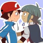  2boys blush child green_hair hat looking_at_another male_focus multiple_boys nekonekopunyann pokemon satoshi_(pokemon) shota_(pokemon) simple_background smile sweat t-shirt yaoi 