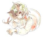  animal_ears bad_id bad_twitter_id bow bowtie brown_hair cat_ears cat_tail chen eyebrows eyebrows_visible_through_hair fang hat jewelry long_sleeves looking_at_viewer mob_cap multiple_tails nekomata open_mouth paw_pose red_eyes short_hair signature single_earring solo tail touhou two_tails yukizen 